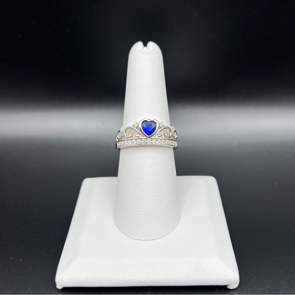 Sterling Silver Heart Crown Blue Sapphire CZ Ring, size 8